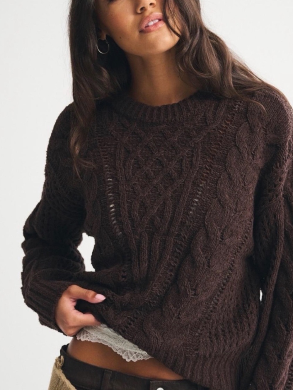 Abercrombie & Fitch Chocolate Cable Knit Crewneck Sweater - Picture 2 of 13